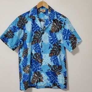 Hawaii Station Blue Brown Leaf Print Shirt Made In Hawaii Medium